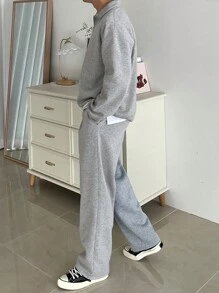 DAZY Men 2pcs/Set Solid Color Full Zip Up Sweatshirt & Sweatpants Sports Suit, Autumn, Cozy Outfits Quarter Zip Men - Light Grey - View 5