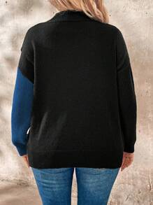 SHEIN LUNE Plus Size Contrast Color Crisscross Wrap High Neck Casual Pullover Sweater, For Winter Knit Pullover Fall - Navy Blue - View 2