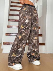 SHEIN EZwear 女式印花梭织阔腿裤 - 橄欖綠 - 查看 3