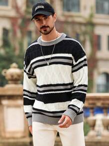 Manfinity CityGents Jersey de punto holgado con cuello redondo y bloques de color para hombre, para otoño/invierno