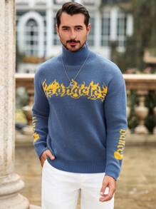 Manfinity Homme 男士休闲火焰与字母印花拼色套头高领长袖毛衣，适合工作、朋友 - 藍色 - 查看 5