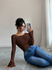 Selianne 船领喇叭袖修身女士针织套头衫，秋冬款 - 鏽棕色 - 查看 6