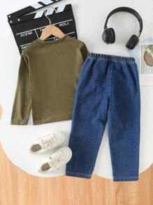 SHEIN 2pcs/Set Girls Casual Round Neck Long Sleeve Letter Print Fitted T-Shirt And Waist Elastic Jeans Heart Print Pants Set, Spring/Autumn - Army Green - View 2