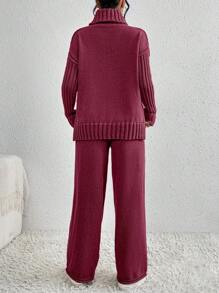 SHEIN Unity 2 件套女士纯色高领落肩长袖毛衣和针织长裤休闲装，秋冬 - 紅木色 - 查看 2