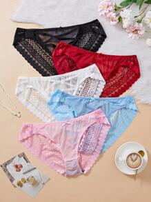 5pcs/Set Plus Size Lace Patchwork Fantasy Elegant Series Cross Strap Bowknot Panties - Multicolor - View 2