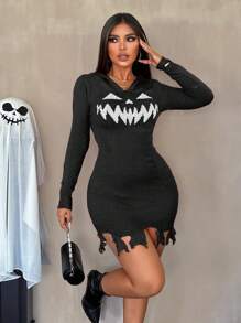 VaVaBold New Halloween Pumpkin & Big Teeth Pattern Orange Sexy Hollow Out Fringed Hooded Women Sweater Dress - Black - View 5