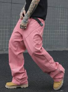 Manfinity EMRG Men's Casual Loose Fit Solid Color Wide Leg Jeans, Belts Not Included - Pink - View 4