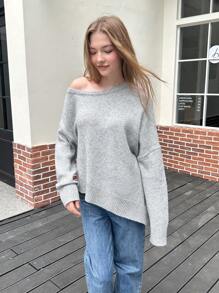 INAWLY Women's Asymmetrical Neck Batwing Sleeve Solid Color Sweater, Autumn Winter Knit Pullover Fall - Grey - View 6