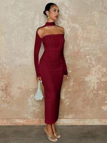 SHEIN BAE Váy dài tay không dây xương cá màu trắng, váy thanh lịch cho phụ nữ vào mùa thu - Màu Đỏ Sâu - Xem 4