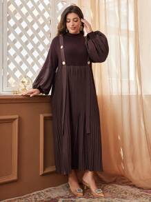 Al Najma 阿拉伯金属纽扣棕色灯笼袖立领褶皱弹力针织中长款适中长袖连衣裙，适合大码女士，通勤