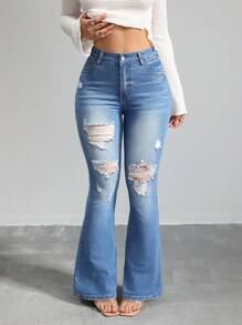 SHEIN Tall 女式牛仔裤紧身弹力破洞喇叭裤蓝色高腰紧身喇叭裤牛仔裤女式紧身裤牛仔布喇叭裤紧身裤喇叭裤高腰女裤，秋季女装 - 中等水洗藍 - 查看 5