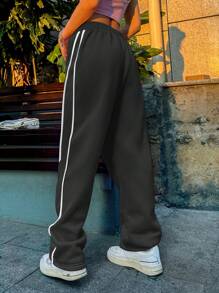 INAWLY 女士抽绳腰部松紧腰带简约风格运动裤，秋冬季休闲款 - 黑色 - 查看 2