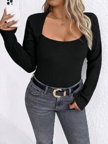 Calvaya Camiseta de manga larga sexy de ajuste ceñido con cuello cuadrado de unicolor para tallas grandes - Negro - Ver 5
