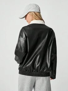 SHEIN EZwear Casual And Stylish Zippered Off-Shoulder PU Leather Jacket - Black - View 3