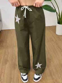 SHEIN Teen Girls Colorblock Star Five-Pointed Star Patch Colorblock Drawstring Pants, Lightweight Windbreaker Casual Street Chic Sporty Versatile Trousers - Army Green - View 6