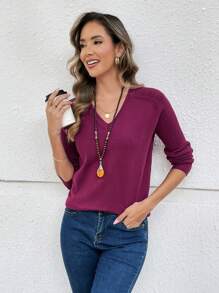 EMERY ROSE Ladies' Purple V-Neck Long Sleeve Twisted Yarn Sweater Thanksgiving Sweater - Purple - View 3