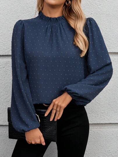 EMERY ROSE Camisa de mujer de manga larga con cuello alto, de unicolor y con volantes