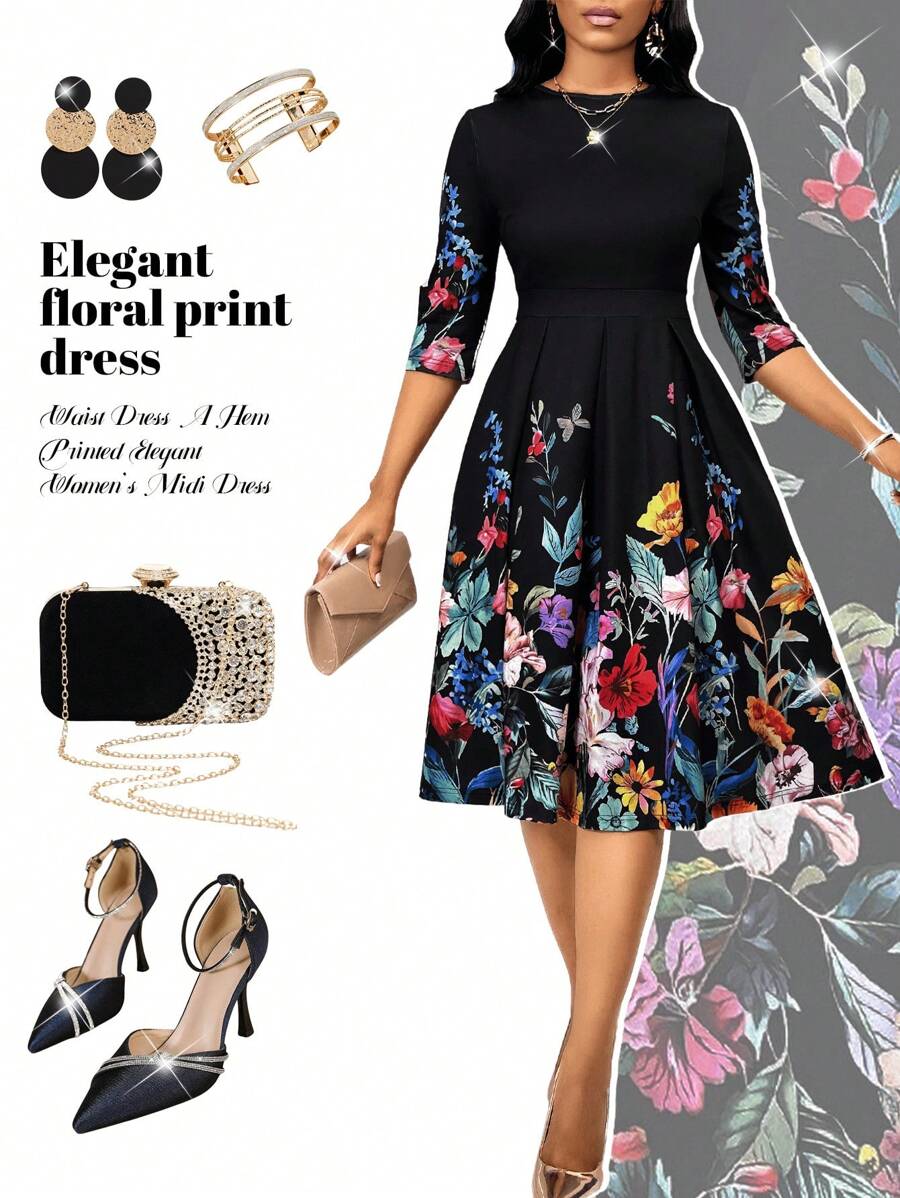 Fleurora Black Round Neck Long Sleeve Waist Dress A Hem Printed Elegant Women's Midi Dress - Black - View 1