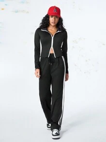 SHEIN Casual Women Zip Closure Contrast Color Jacket And Pants Suit Set - Black - View 5