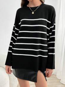 SHEIN Tall كنزة صوفية بنمط مخطط وأكتاف منسدلة، للنساء الطويلات - أبيض وأسود - مشاهدة 4