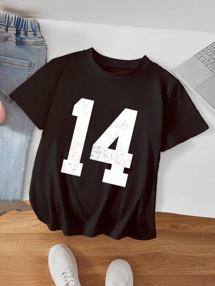 T-shirt quotidien décontracté à manches courtes et col rond pour adolescentes - Noir - Voir 1