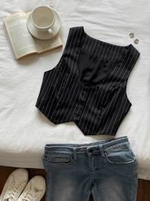 SHEIN EZwear 秋冬细条纹单排扣短款马甲（不含衬衫）