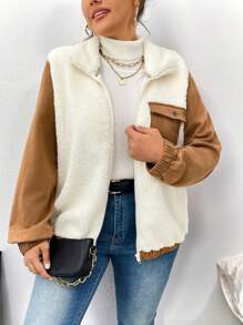 SHEIN LUNE Plus Size Leisure Daily Wear Patchwork Fabric Jacket, Autumn - Multicolor - View 5