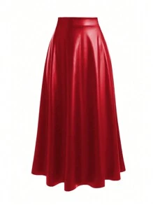 Women's Casual Minimalist Solid Color Elastic Waist Flare Skirt For Everyday Wear - Red - View 1