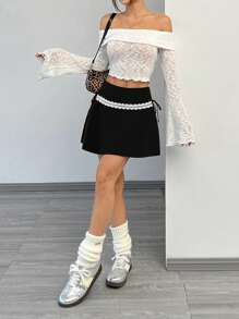 SHEIN EZwear Váy đan xoắn chắp vá ren cho nữ, thanh lịch - màu đen - Xem 6