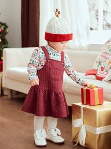 Cozy Pixies Baby Girl 2pcs Christmas Print Round Neck Long Sleeve Top And Bib Dress Set, Winter Clothes - Multicolor - View 5