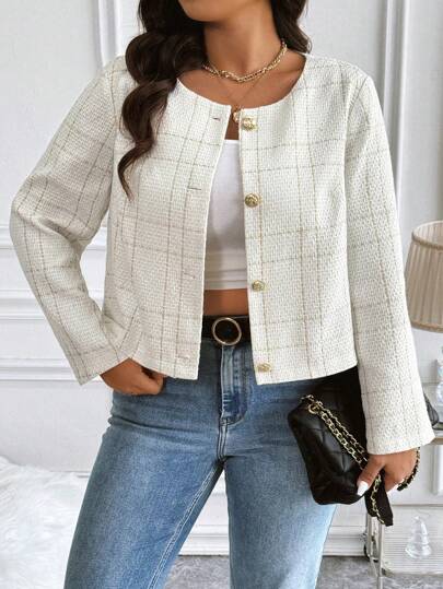 Vionelle Plus Size Spring & Autumn Casual Plaid Cropped Jacket, For Winter Fall Cloth For Women