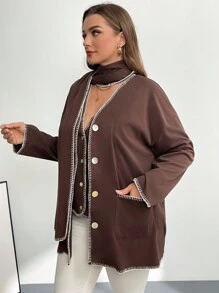 SHEIN Privé Plus Size Women's Brown Scarf Vest&Long-Sleeved Cardigan 3-Piece Set,Autumn Winter Casual Office Fashion Loose Comfortable Thermal Coats Curve Tops - Brown - View 5