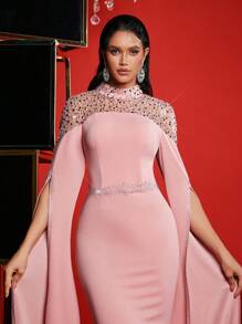 Glamrae 优雅奢华手工串珠面料拼接弹力针织长袖连衣裙，配有水晶胸罩和带拖尾的鱼尾下摆，适合婚礼、派对、毕业典礼、度假、非正式晚礼服、婚礼宾客礼服 - 粉色 - 查看 2