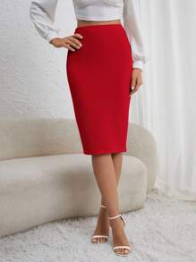 SHEIN Privé 女士优雅纯色后拉链紧身迷你裙，秋季 - 紅色 - 查看 2