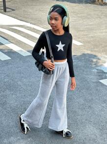 SHEIN Tween Girls Knit Patchwork Flared Leg Casual Athletic Pants - Grey - View 3