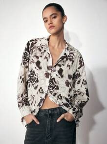 Maija 女士休闲衬衫领扣式长袖印花衬衫，简约时尚百搭，适合日常穿着，早春 - 黑色 - 查看 4