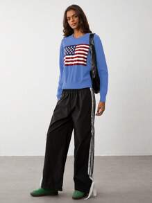 Flirla Women US Flag Pattern Round Neck Drop Shoulder Long Sleeve Casual Sweater, Autumn/Winter Knit Pullover Fall - Blue - View 3