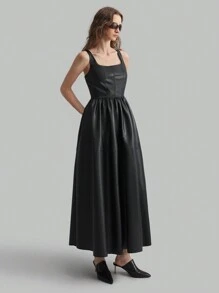 Ontre Vestito lungo elegante da festa con colletto quadrato, orlo oversize, estetica scura, in materiale PU, adatto per l'autunno e l'inverno - nero - Visualizzare 5