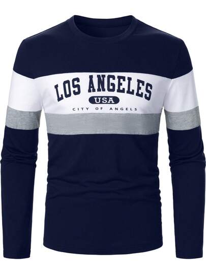 Manfinity Homme Men's Patchwork Round Neck Long Sleeve Letter Print Casual T-Shirt, Men's Long Sleeve T-Shirt, Fall