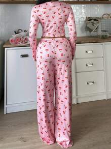 SweetSlumber Conjunto de pijama de top de manga larga con escote en V y pantalones con estampado de cerezas para mujer