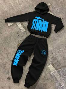 Manfinity EMRG 2 件套男士休闲字母印花连帽衫和运动裤运动服，秋冬 - 黑色 - 查看 1