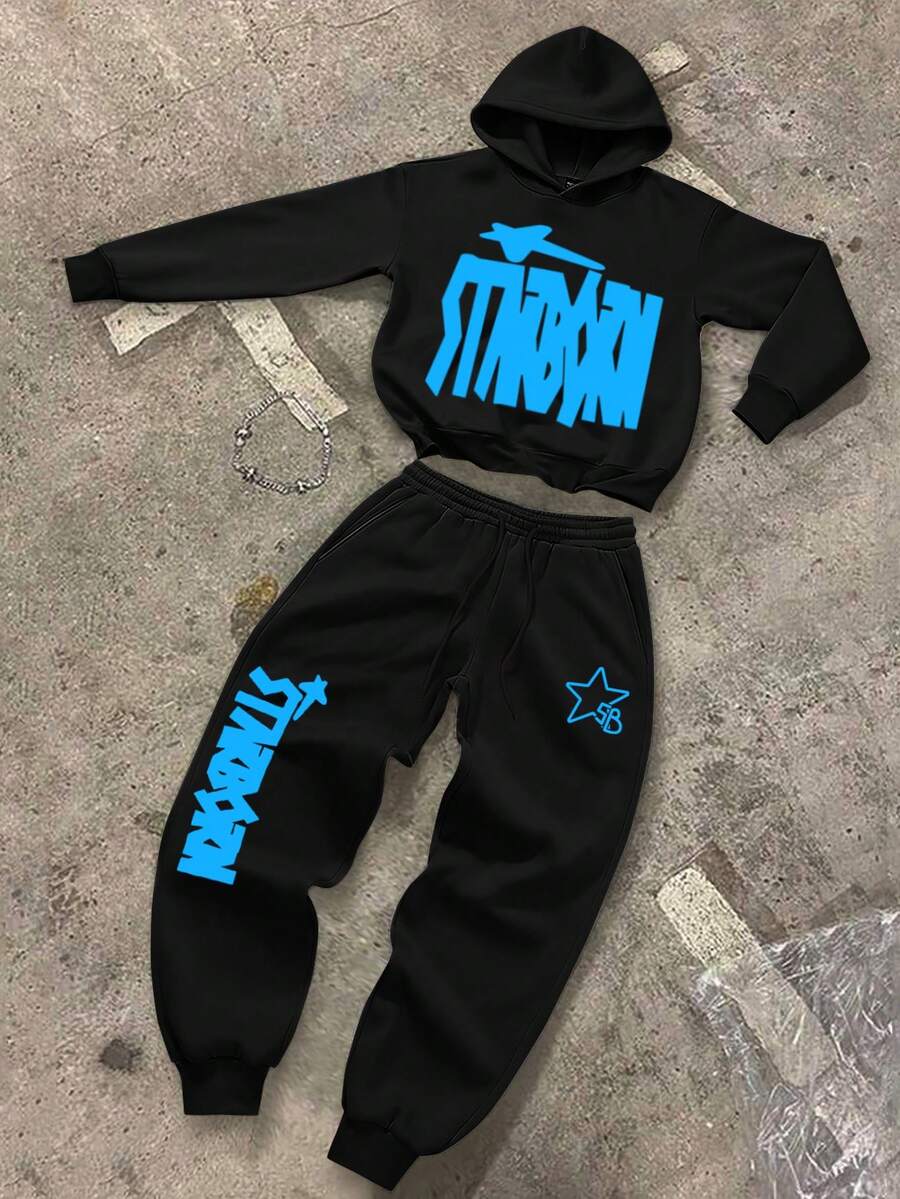 Manfinity EMRG 2 件套男士休闲字母印花连帽衫和运动裤运动服，秋冬 - 黑色 - 查看 1