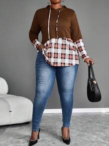 SHEIN LUNE Plus Size Plaid Patchwork Drawstring Hoodie T-Shirt, Casual Autumn - Brown - View 3