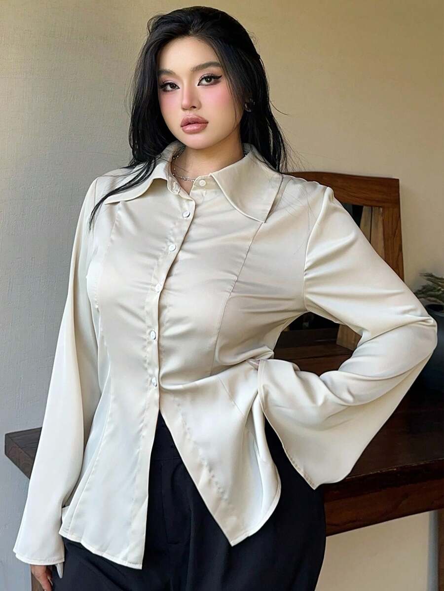 Flirla Plus Size Waistline Ruffle Cuff Satin Blouse Women Shirt - Apricot - View 1