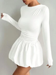 Flirla Women's Solid Color Round Neck Long Sleeve Ruched Simple Casual Skort
