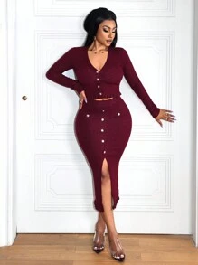 Zolique Women Elegant Solid Color Button Decor High Slit Bodycon Knit Skirt - Red - View 3