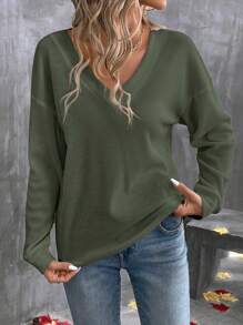 SHEIN LUNE 女士纯色 V 领休闲百搭长袖 T 恤