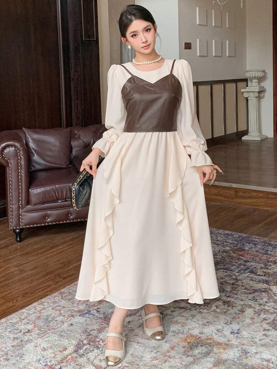 DAZY 2pcs/Set Women's Solid Color Spaghetti Strap Simple PU Blouse And Round Neck Long Sleeve Ruffle Hem Simple Dress, Autumn/Winter ,New Year Eve,Fall Women Clothes - Khaki - View 1