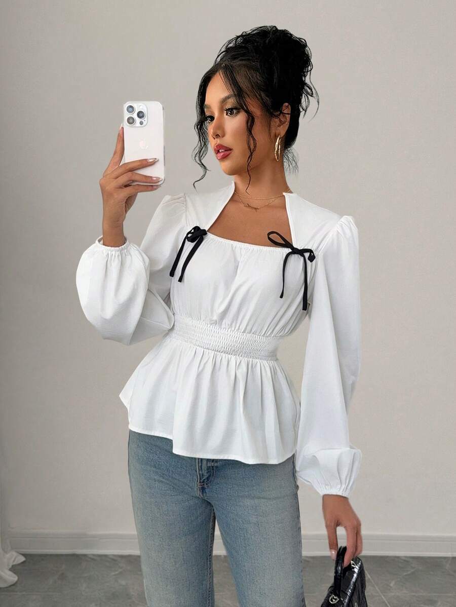 Chiquease 女士休闲衬衫，蝴蝶结设计，不对称方领，灯笼袖，腰部褶皱细节，适合春秋季节荷叶边上衣 - 白色 - 查看 1