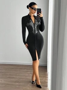 SHEIN ICON Cross Rhinestone Decor Zip-Up Mid-Long Fitted Dress - Black - View 2